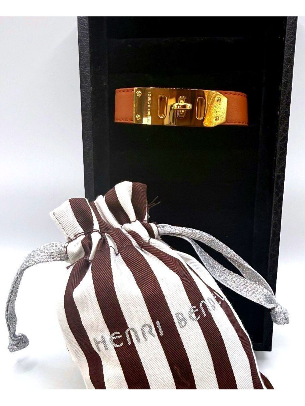 Henri Bendel Tan Leather Wrap Bracelet with Gold-Tone Logo Plate, Adjustable